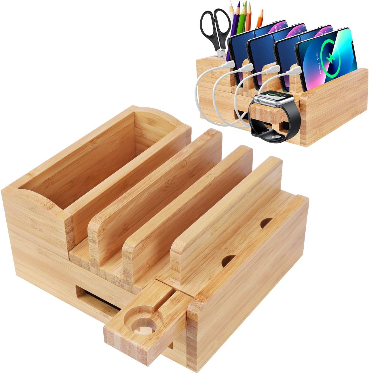 Bambus 5-Slot Ladestation Docking Holder, Ladestation für mehrere Geräte Dock, Ladestation Zubehör Multi-Gerätekabel Organizer Ständer Kompatibel Handy/Tablet/Watch